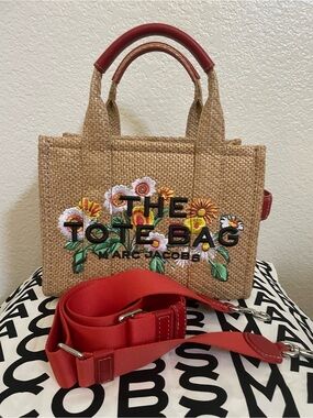 Marc Jacobs Straw Tote with Red Handles and Floral Embroidery